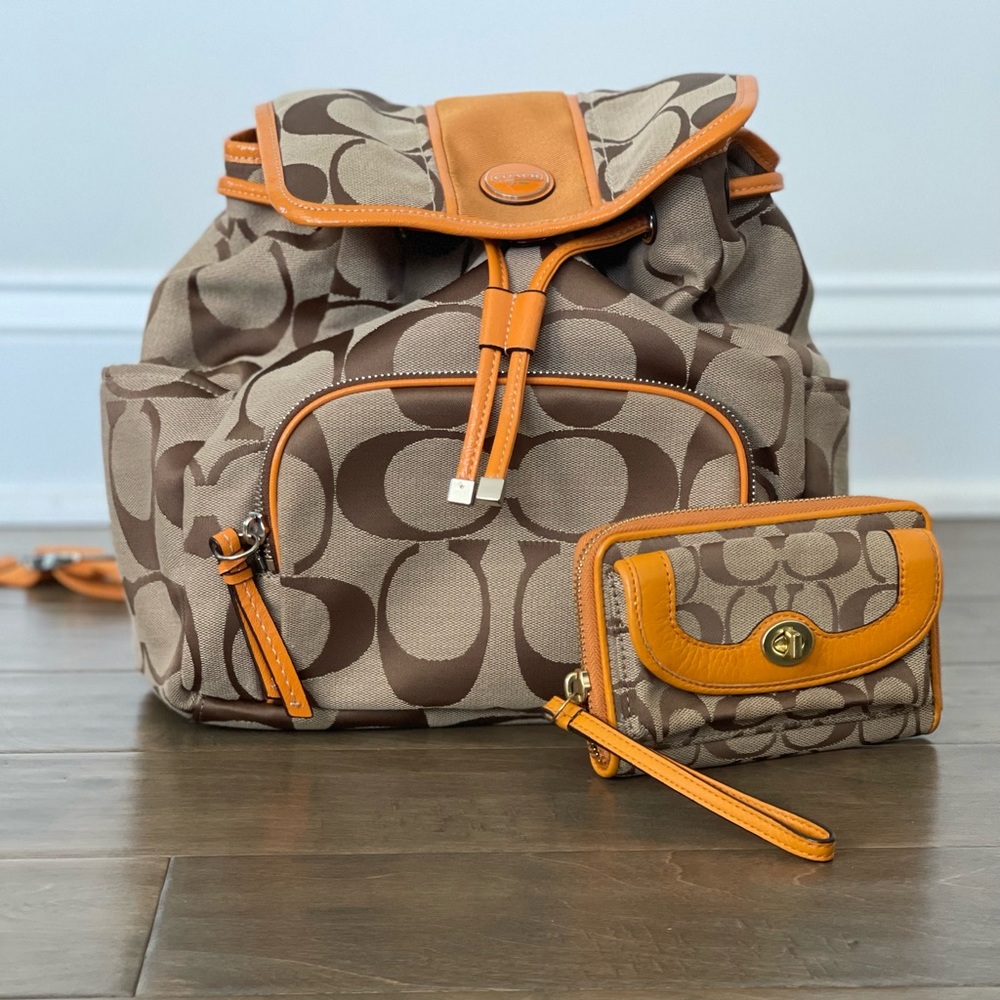 Coach backpack with matching wallet signature brown w/ orange accents .